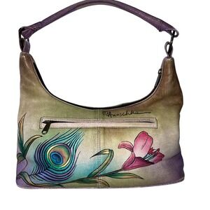 Anuschka Hand Painted Leather Peacock Floral Hobo Shoulder Bag Purse